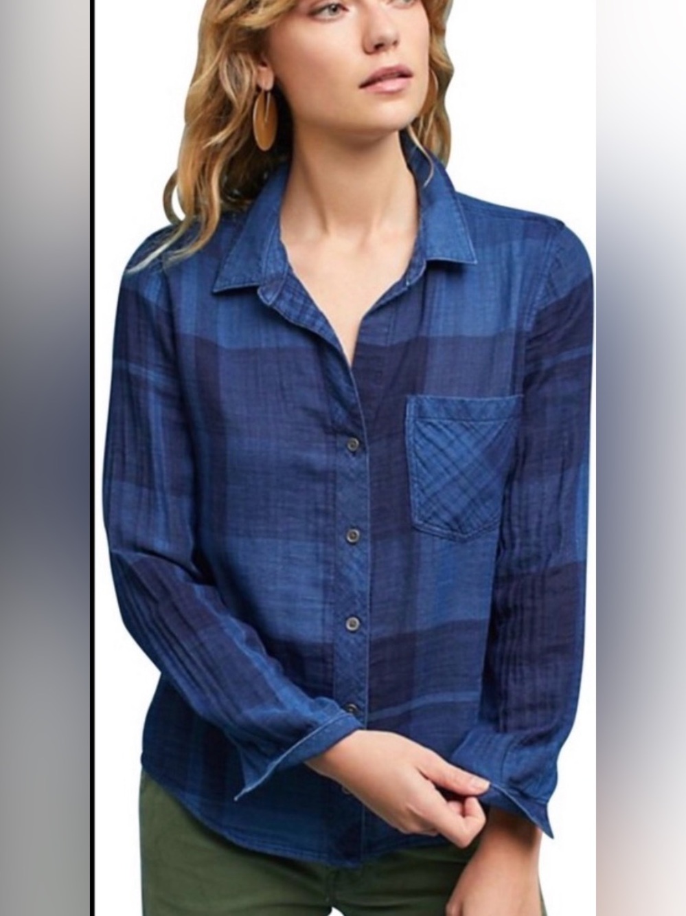 Anthropologie Cloth & Stone Blue Plaid Mireille Shirt Hi-Lo Size Extra Small EUC